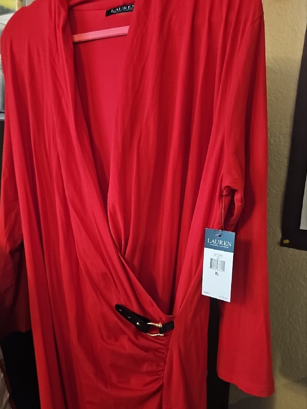 Lauren Ralph Lauren Red Long-Sleeve Wrap Midi Dress - Picture 2 of 2